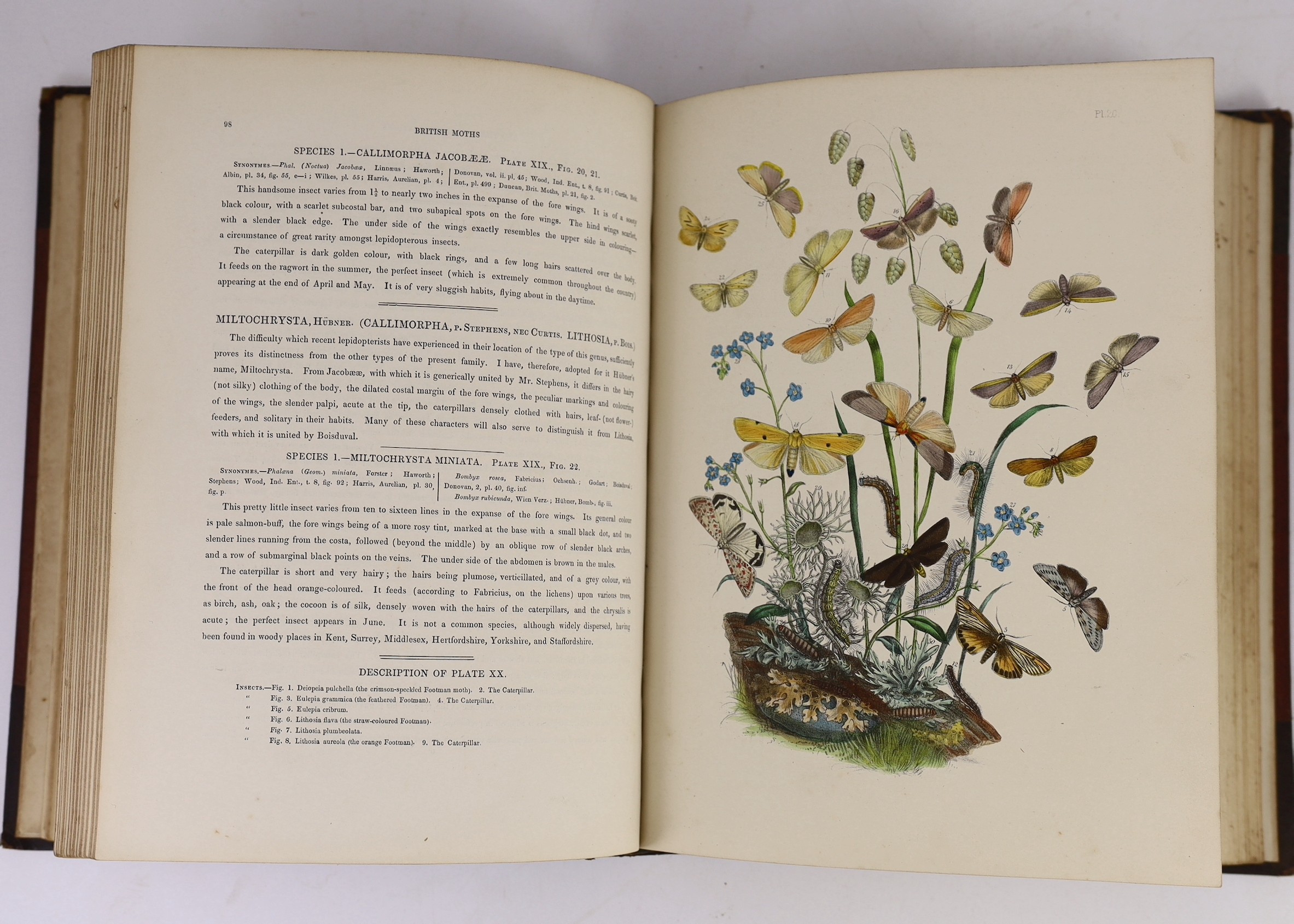 Humphreys, Henry Noel and Westwood, John Obadiah - British Moths and their Transformations, 2 vols, 4to, contemporary half morocco, with 124 hand-coloured plates, boards scuffed, bookplate of geologist Arthur Roope Hunt,